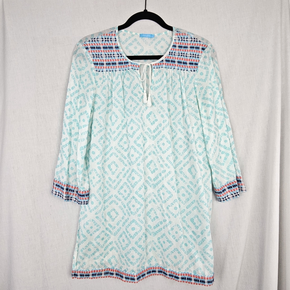 J. McLaughlin Tunic Top Aqua White Embroidered V-Neck Women's Size‎ Large